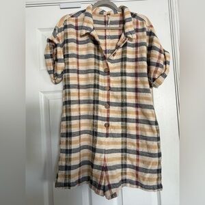 Free People Plaid Button-Front Romper in Cream, Black & Brown